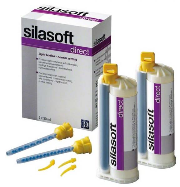 Silasoft® Direct - Precision Printing Material - 2 x 50 ml base + catalyst 10:1 / 12 yellow 10:1 mixing cannulas / 12 yellow intraoral tips Img: 202107101