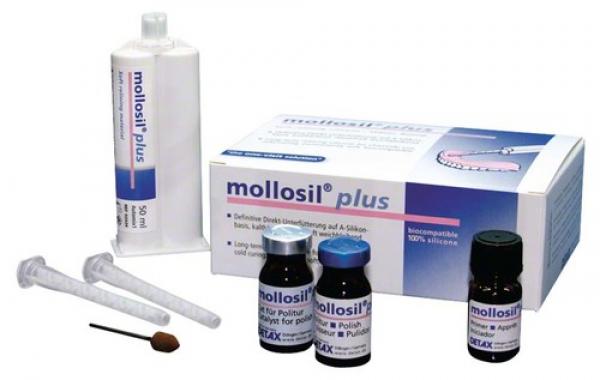 Mollosil® Plus Automix1 - Soft relining material-50 ml Automix, 7 mixing tubes 6mm, 5 ml Mollosil® plus Primer, 2x7 ml mollosil® plus Polish, 2 pipettes Img: 202010171