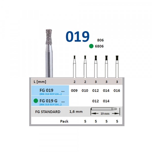 Diamond bur FG019 FIG. 806- 5 units - 019-009 FIG.806 5pc Img: 201907271