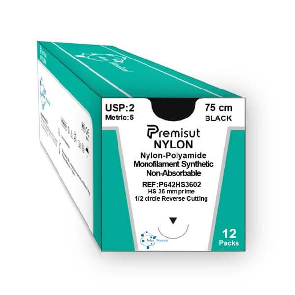 Premisut: Triangular Nylon Suture Black 75 cm (12 pcs) - 1/2 HS26mm 2/0 Img: 202306031