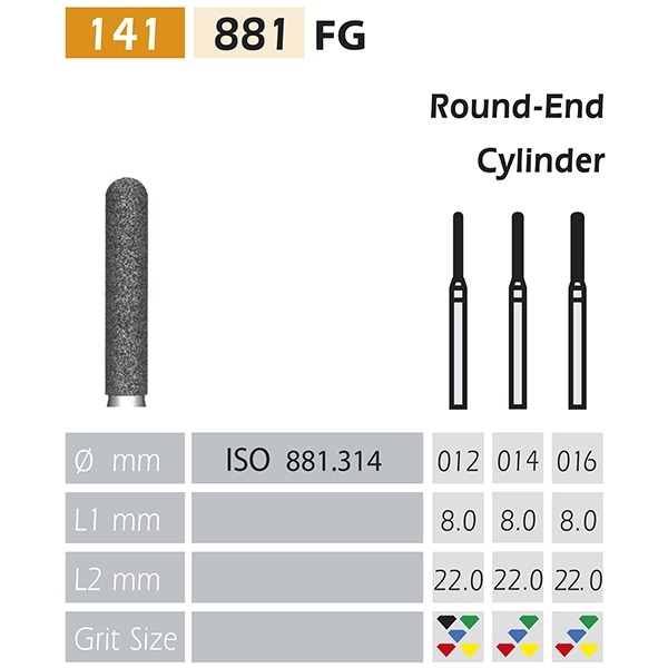 DIAMOND CUTTERS 881-FG Rounded tip cylinder X5UDS. (881-012 SF YELLOW) Img: 201807031