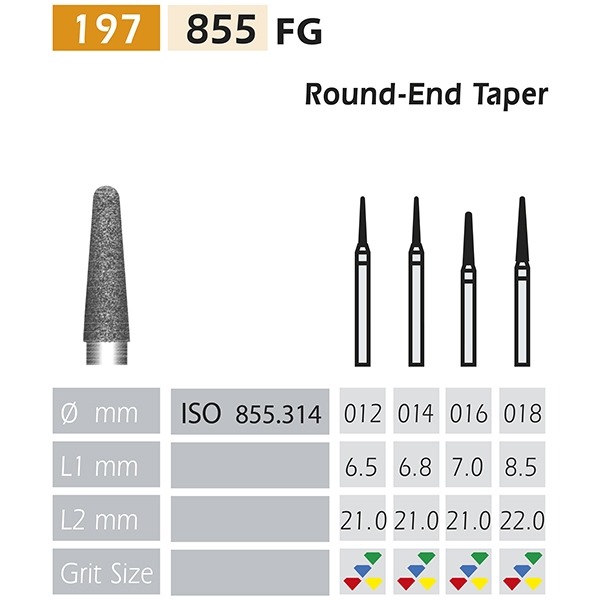 855-FG Round End Taper Diamond Burs - ISO 855-314-504-012 YELLOW X5UDS. Img: 201807031