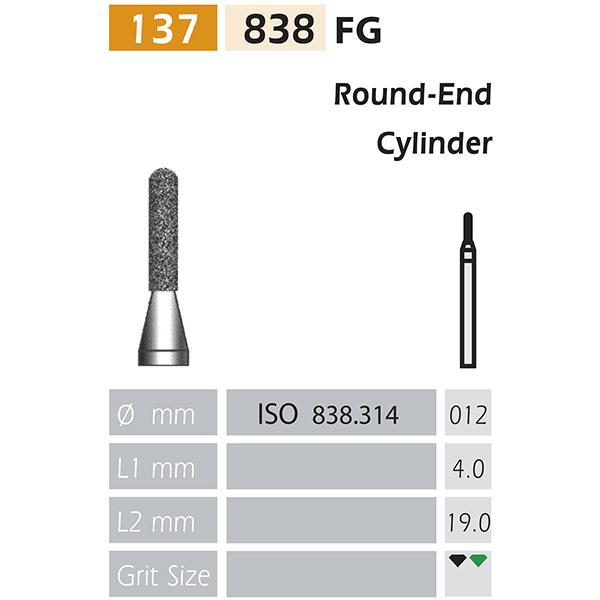 DIAMOND CUTTERS 838-FG Rounded tip cylinder X5UDS. (838-012 C GREEN) Img: 201807031