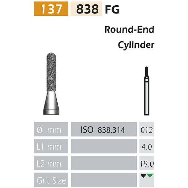 DIAMOND CUTTERS 838-FG Rounded tip cylinder X5UDS. (838-012 C GREEN) Img: 201807031
