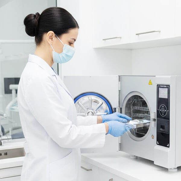 Odontólogo operando el autoclave Foster Clase B 12L NEXO mediante pantalla LCD táctil en clínica dental