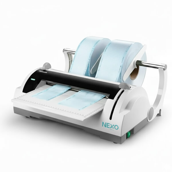 Máquina de sellado dental FoSeal NEXO vista frontal con regla de longitud integrada