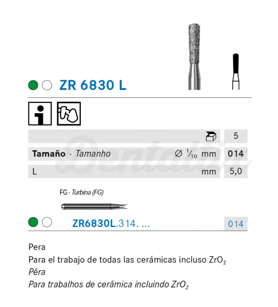 Fresa ZR830L de Diamante para FG con Forma de Pera (5 uds) Img: 202606271
