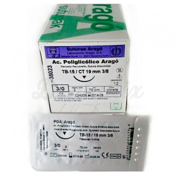 HILO SUTURA PGA90 POLIGLICOLICO TB15 (4/0) (45 cm.) 3/8 CIRCULO TRI. (19mm.) 12u. AGUJAS