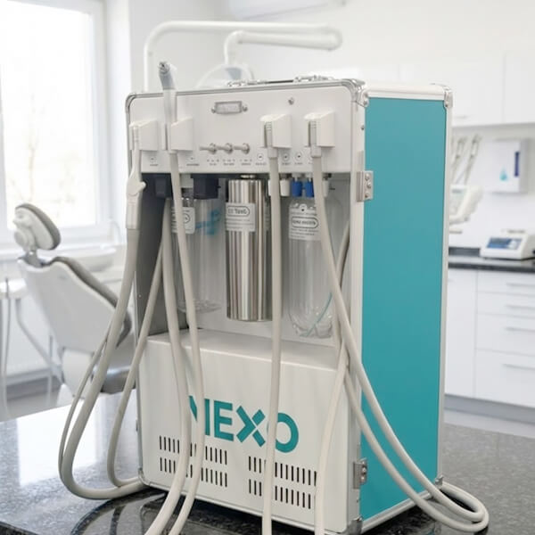 Unidad dental portátil NEXO de 4 mangueras instalada y lista para usar