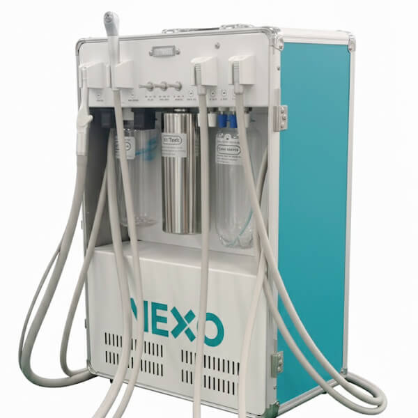 Unidad dental portátil NEXO de 4 mangueras abierta mostrando aspirador, jeringa triple, turbina y micromotor con contraángulo