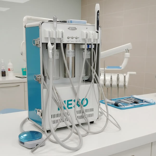 Unidad dental portátil NEXO de 6 mangueras instalada y lista para usar