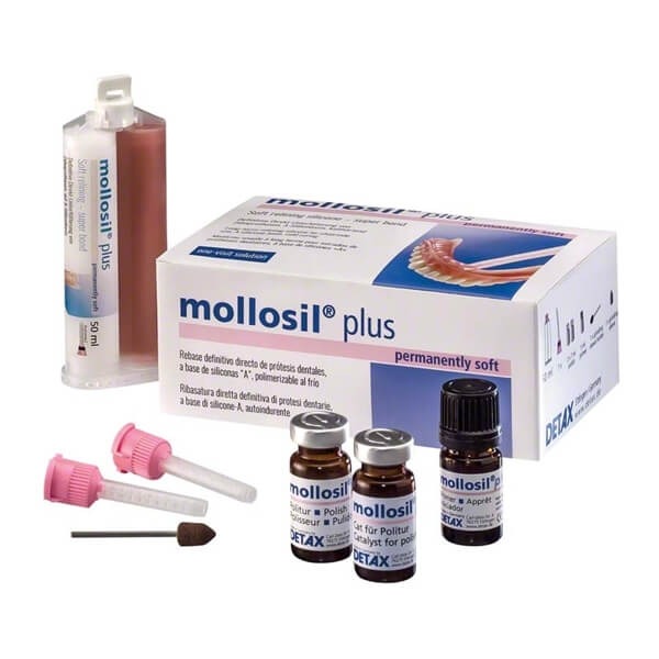 Mollosil® Plus Automix2 - Matériau de rebasage souple - 50 ml Automix, 7 tubes de mélange de Automix2, 5 ml de Mollosil® plus Primer, 2x7 ml de mollosil® plus Polish, 2 pipettes Img: 202301141