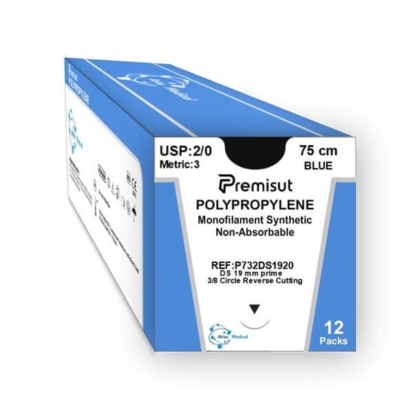 Premisut : Suture en polypropylène 3/8 Triangulaire DS19mm Bleu de 75cm (12 unités) - 2/0 Img: 202306031