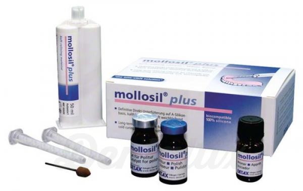 Mollosil® Plus Automix1 - Material de revestimento macio - 50 ml Automix, 7 tubos misturadores 6mm, 5 ml Mollosil® plus Primer, 2x7 ml Mollosil® plus Polidor, 2 pipetas Img: 202007111