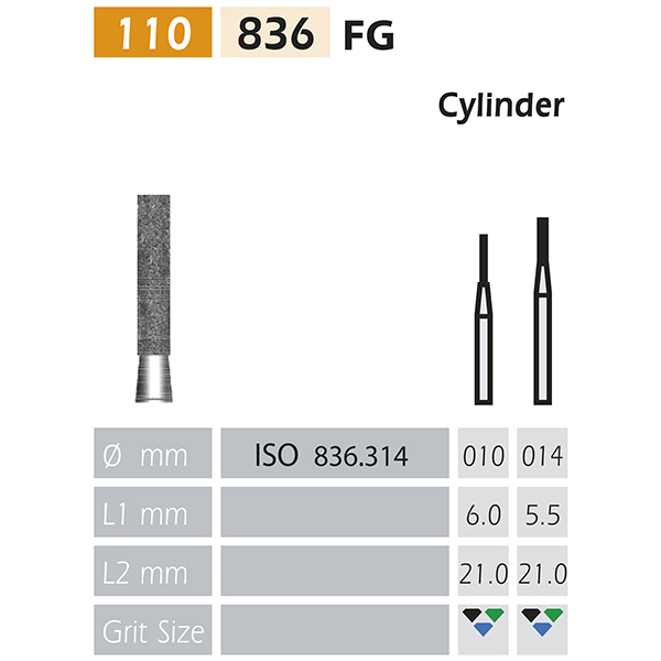 Long flat 836-FG cylinder DIAMOND BURS